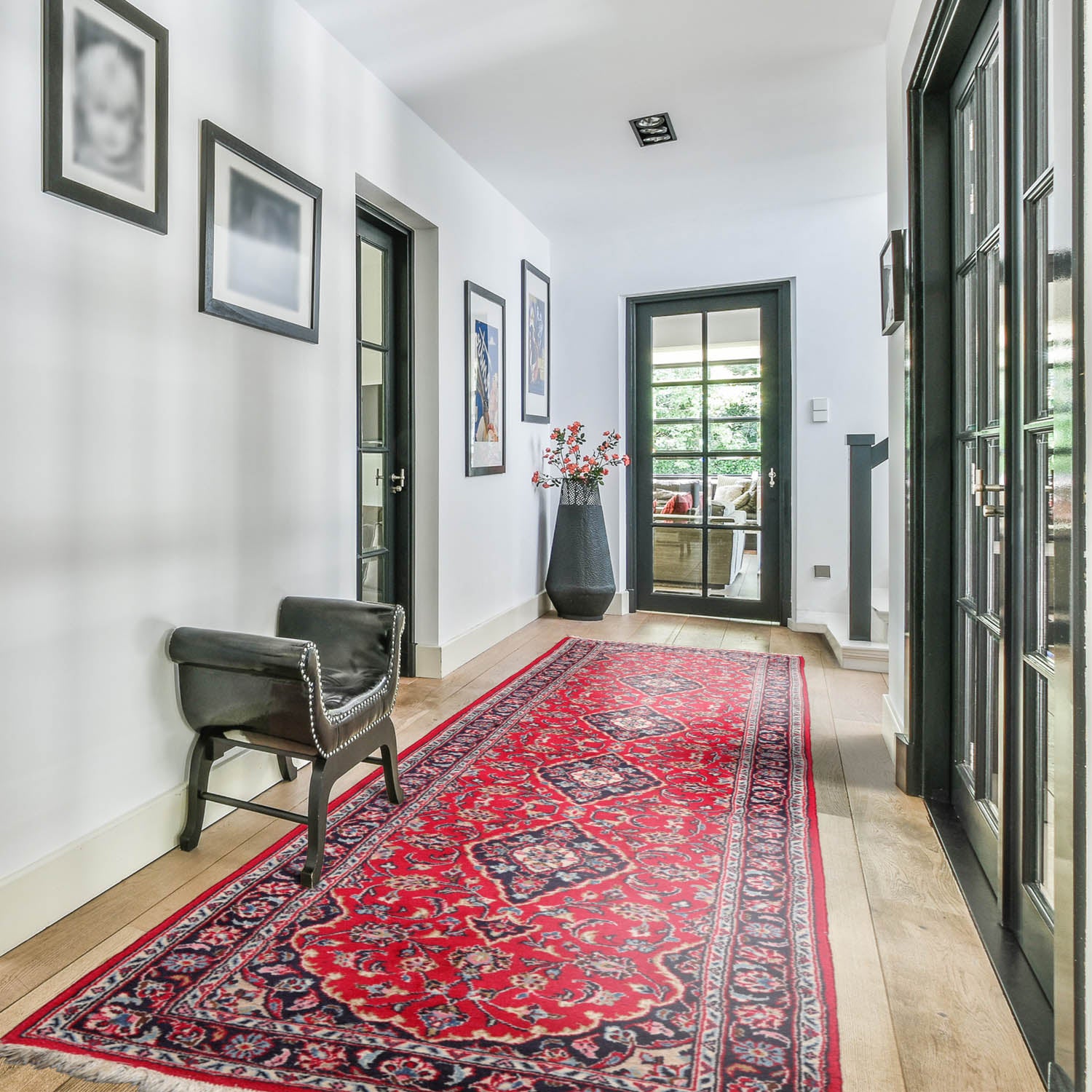 Runner Red, Midnight Blue, Beige Color Hand Knotted Kashan Wool Traditional Oriental Rug