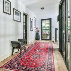 Runner Red, Midnight Blue, Beige Color Hand Knotted Kashan Wool Traditional Oriental Rug