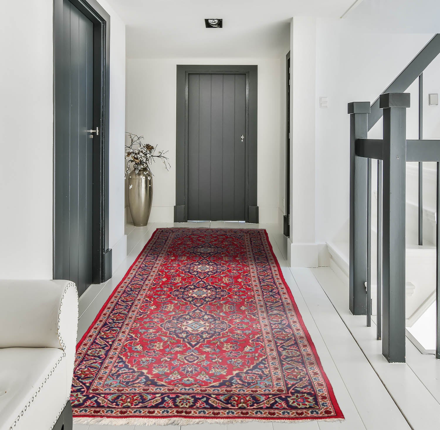 Runner Red, Navy, Beige Color Hand Knotted Kashan Wool Traditional Oriental Rug