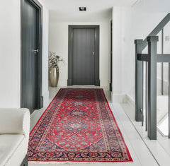 Runner Red, Navy, Beige Color Hand Knotted Kashan Wool Traditional Oriental Rug