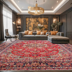 9x12 Red, Navy, Beige Color Hand Knotted Tabriz Wool Traditional Oriental Rug