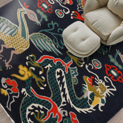 loomBloom Navy Multi Size Pictorial Transitional Chinese Art Deco Dragon and Phoenix Hand Tufted Wool Oriental Area Rug