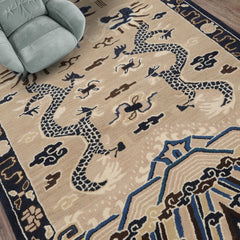 loomBloom Cream 3x5 Pictorial Transitional Chinese Art Deco Dragon and Phoenix Hand Tufted Wool Oriental Area Rug