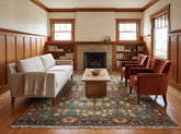 Loom Bloom Olive Green Oushak Rug, Hand-Knotted Wool, Arts & Crafts Stained Glass Design