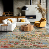 8x10 Aqua, Gold, Moss Color Hand Knotted Boho Wool Transitional Oriental Rug