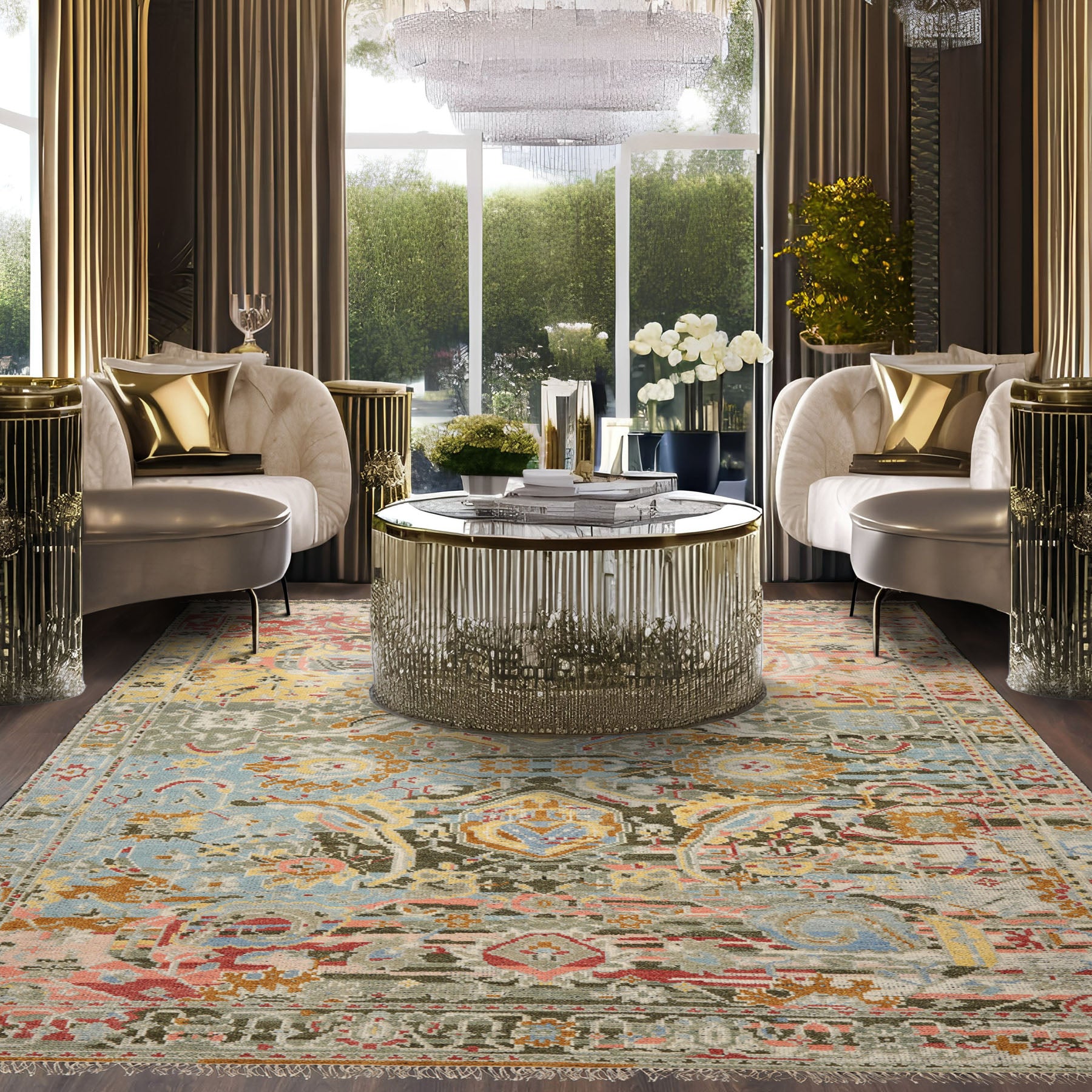 8x10 Aqua, Gold, Moss Color Hand Knotted Boho Wool Transitional Oriental Rug