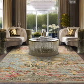 8x10 Aqua, Gold, Moss Color Hand Knotted Boho Wool Transitional Oriental Rug