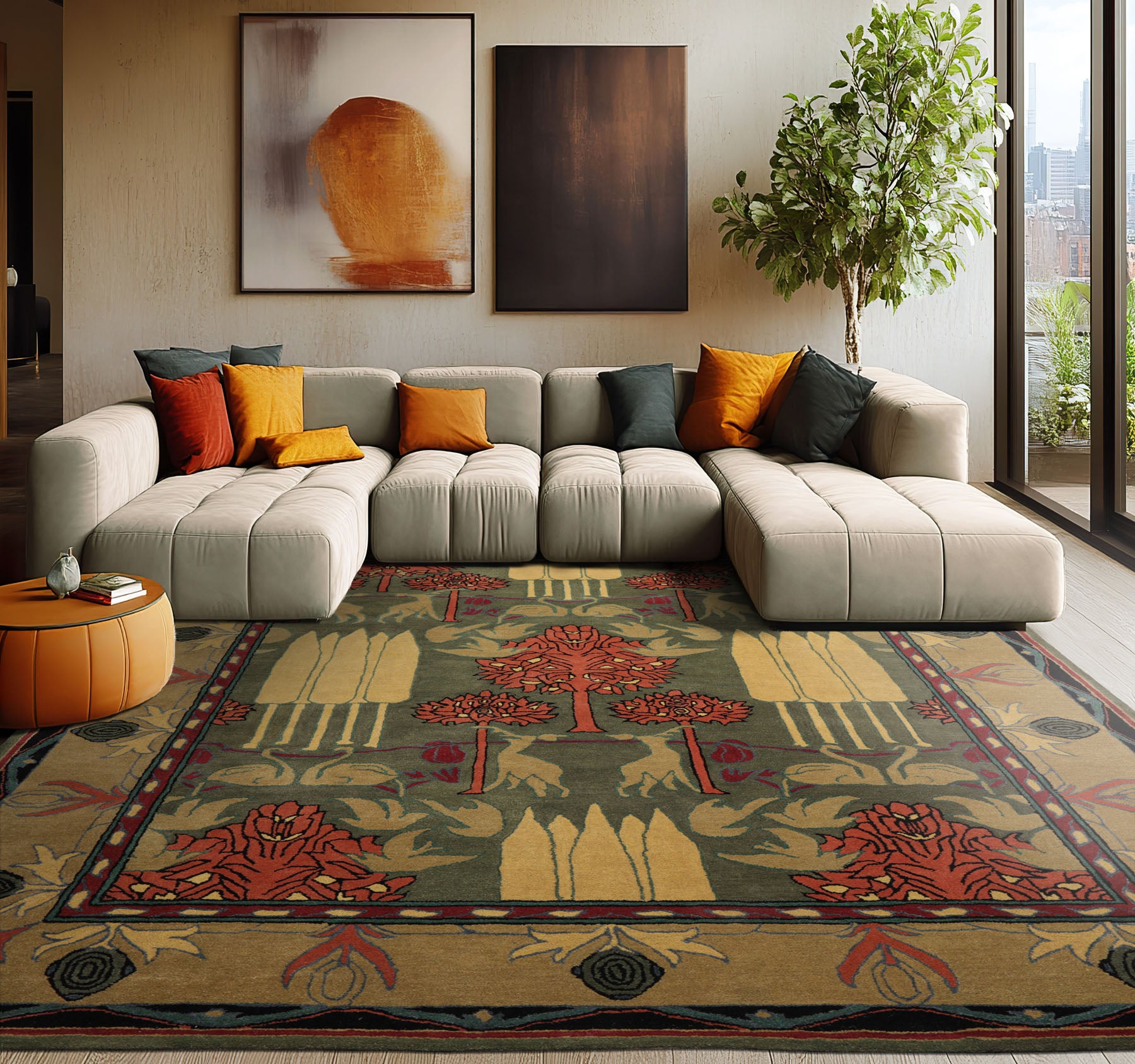 8x10 Green, Gold, Blush Color Hand Tufted Pictorial Wool Arts & Crafts/Mission Oriental Rug