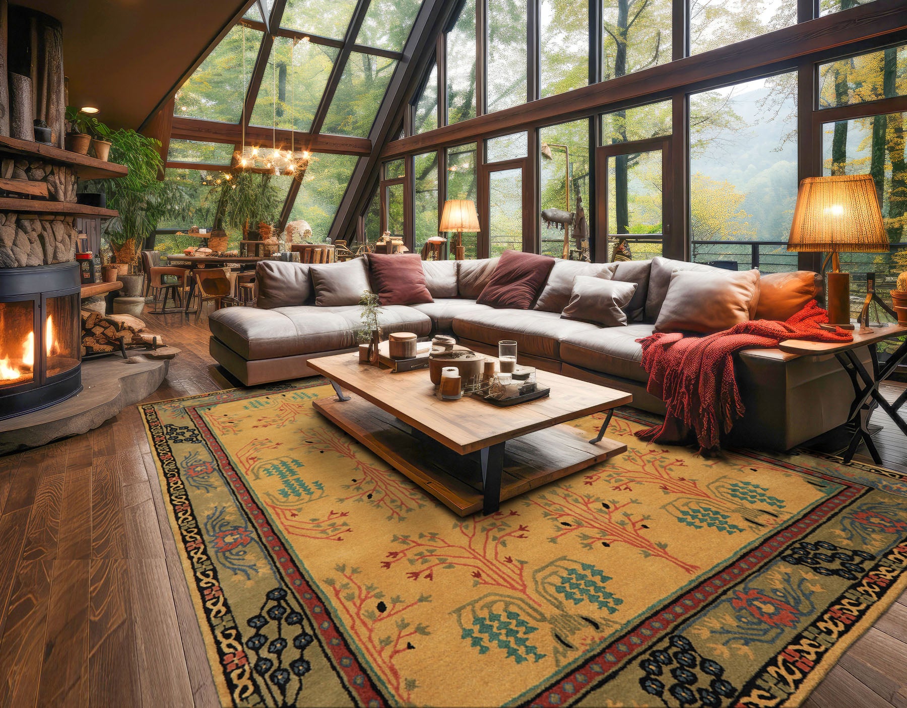 Multi Size Gold Pistacchio Raspberry Color Hand Tufted Donegal Wool Arts & Crafts Oriental Rug