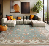 8x10 Aqua Ivory Peach Color Hand Hooked Handmade Wool Transitional Oriental Rug