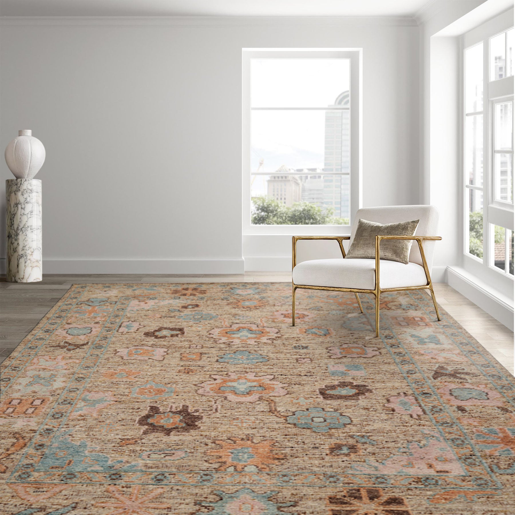 8x10 Beige Blush Aqua Color Hand Knotted Oushak Wool Transitional Oriental Rug