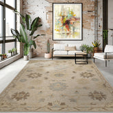 8x10 Ivory, Brown, Gray Color Hand Knotted Embossed Look Wool Transitional Oriental Rug
