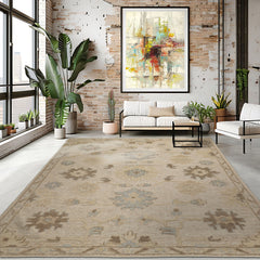 8x10 Ivory, Brown, Gray Color Hand Knotted Embossed Look Wool Transitional Oriental Rug