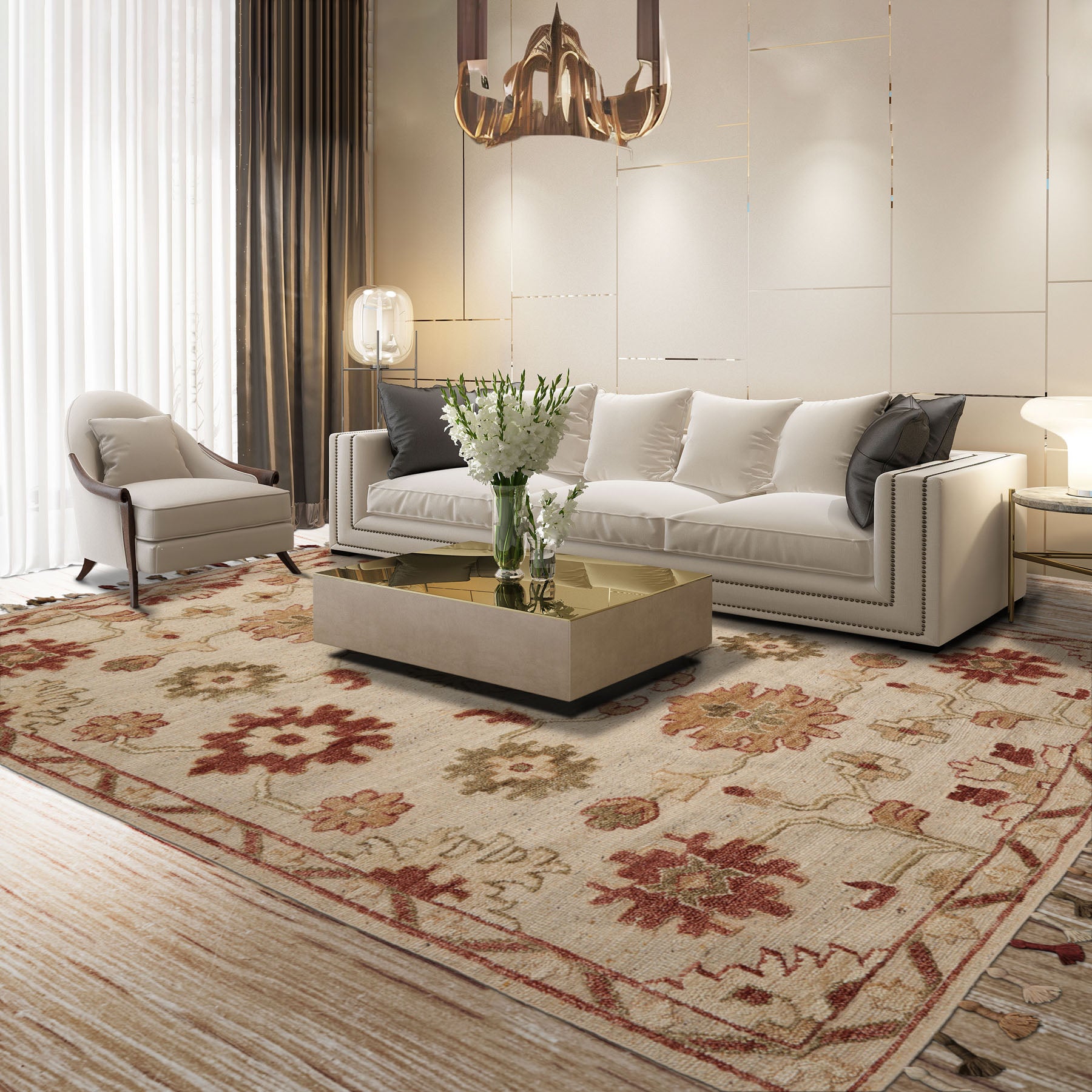 8x10 Beige, Rust, Olive Green Color Hand Knotted Ornamental Frange Wool Transitional Oriental Rug