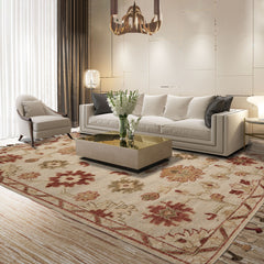 8x10 Beige, Rust, Olive Green Color Hand Knotted Ornamental Frange Wool Transitional Oriental Rug