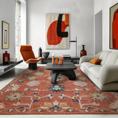 8x10 Rust, Ivory, Blue Color Hand Knotted Embossed Look Wool Transitional Oriental Rug