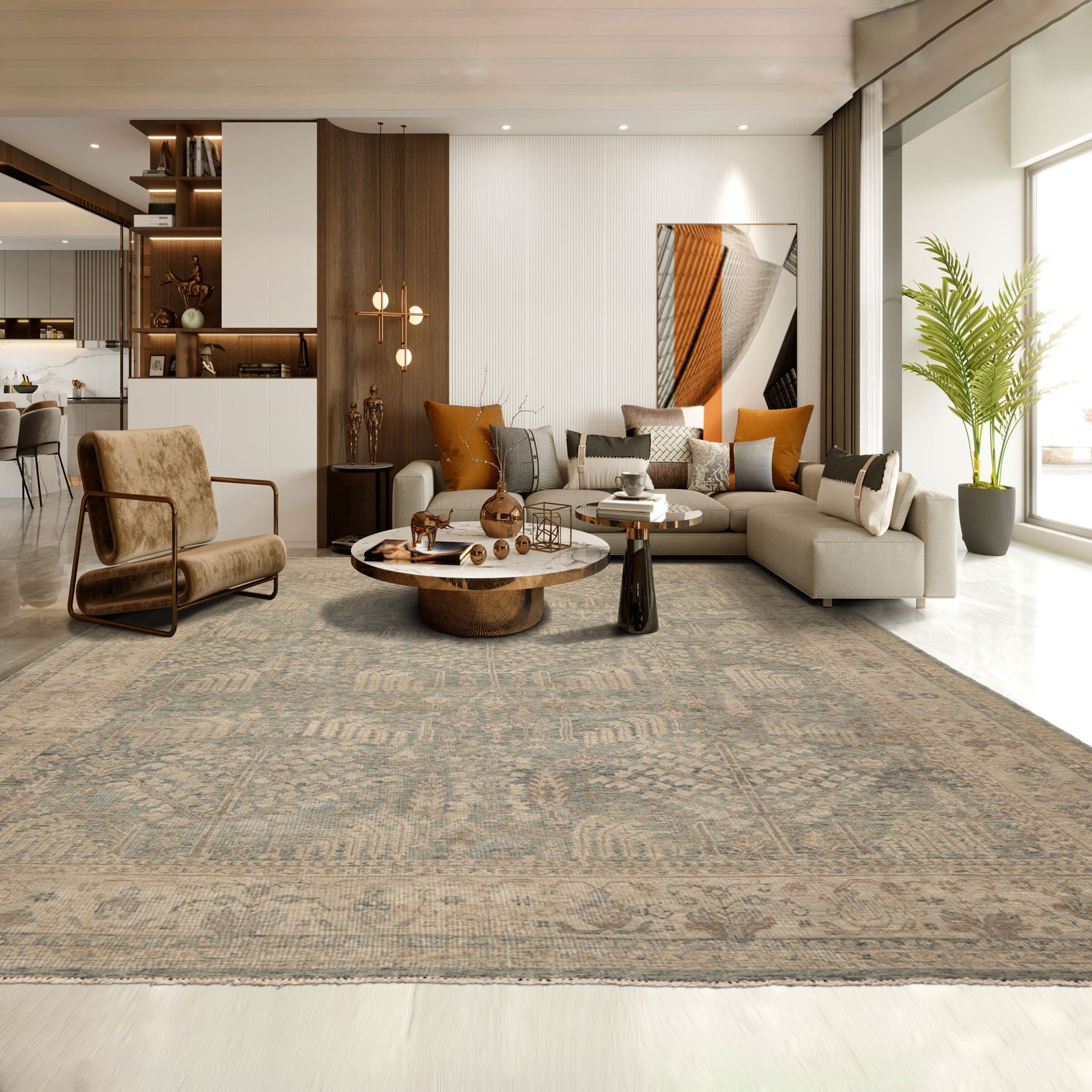 9x12 Celadon, Beige, Brown Color Hand Knotted Distressed Wool Traditional Oriental Rug