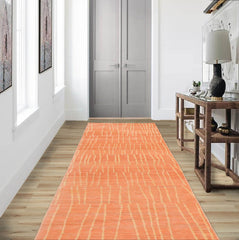 Runner Salmon Beige Color Hand Knotted Striped Wool Contemporary Oriental Rug