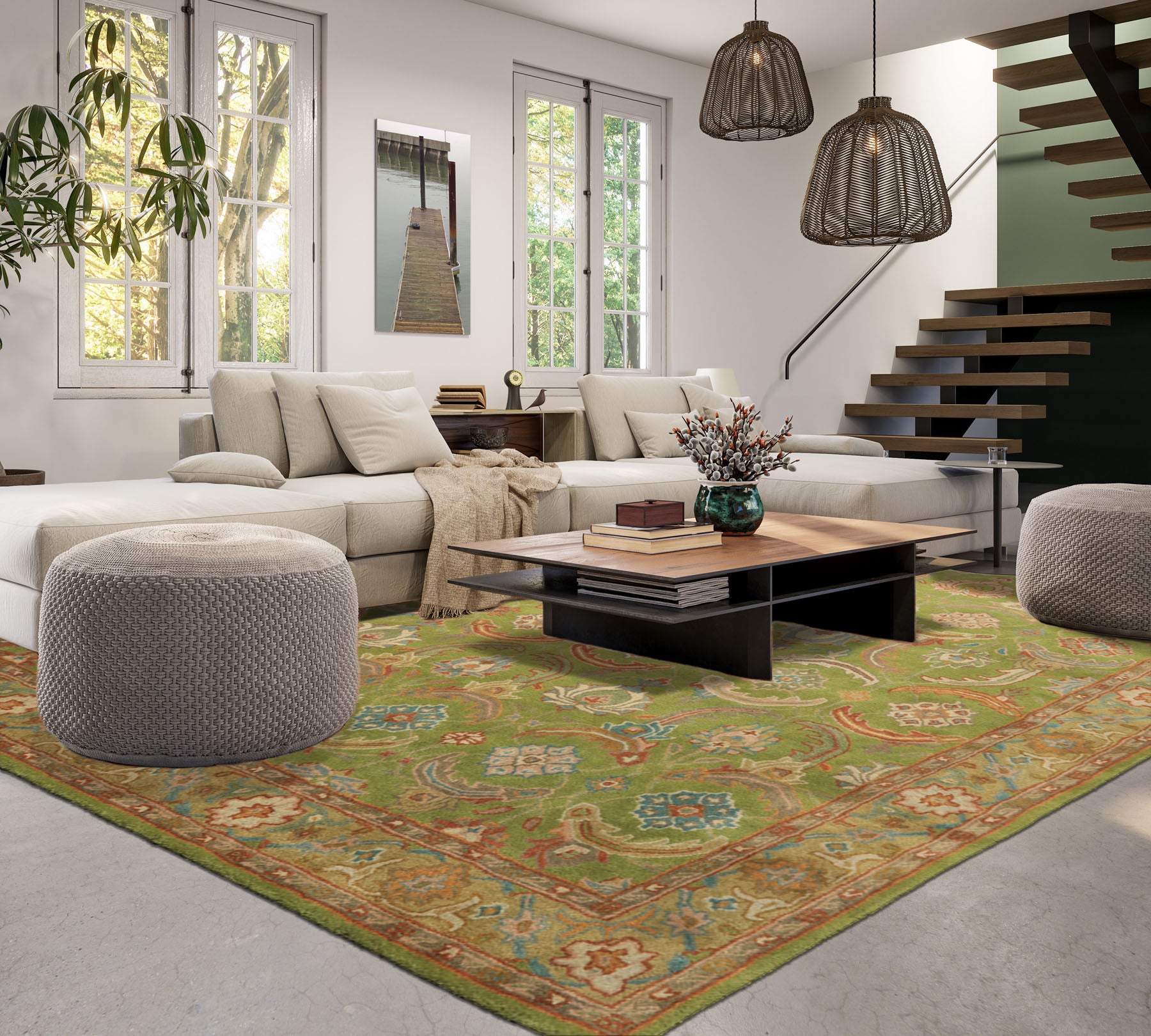 Multi Size Lime Ivory Turquoise Color Hand Tufted William Morris Wool Arts & Crafts Oriental Rug