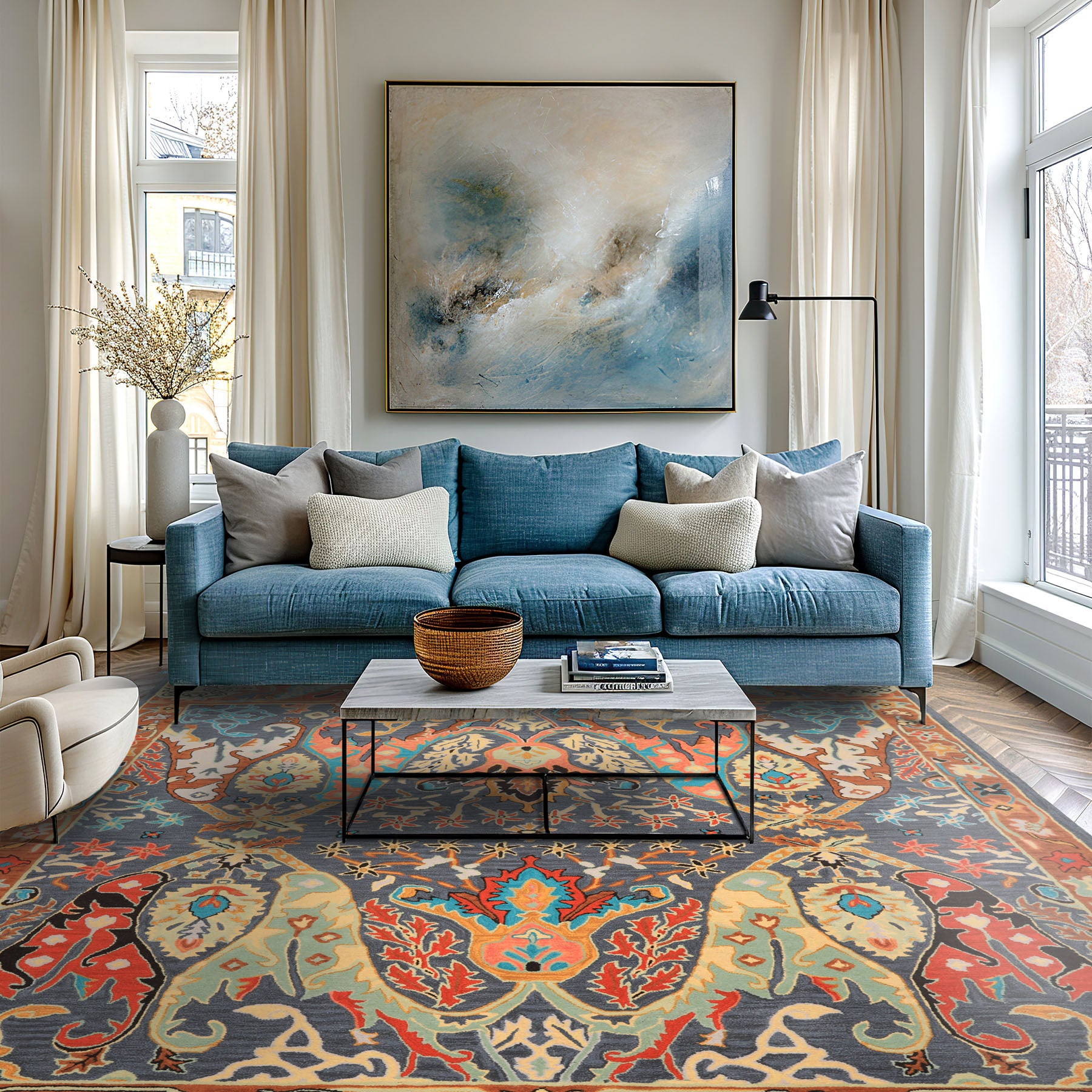 Multi Size Blue Caramel Orange Color Hand Tufted Handmade Boho Wool Arts & Crafts Oriental Rug