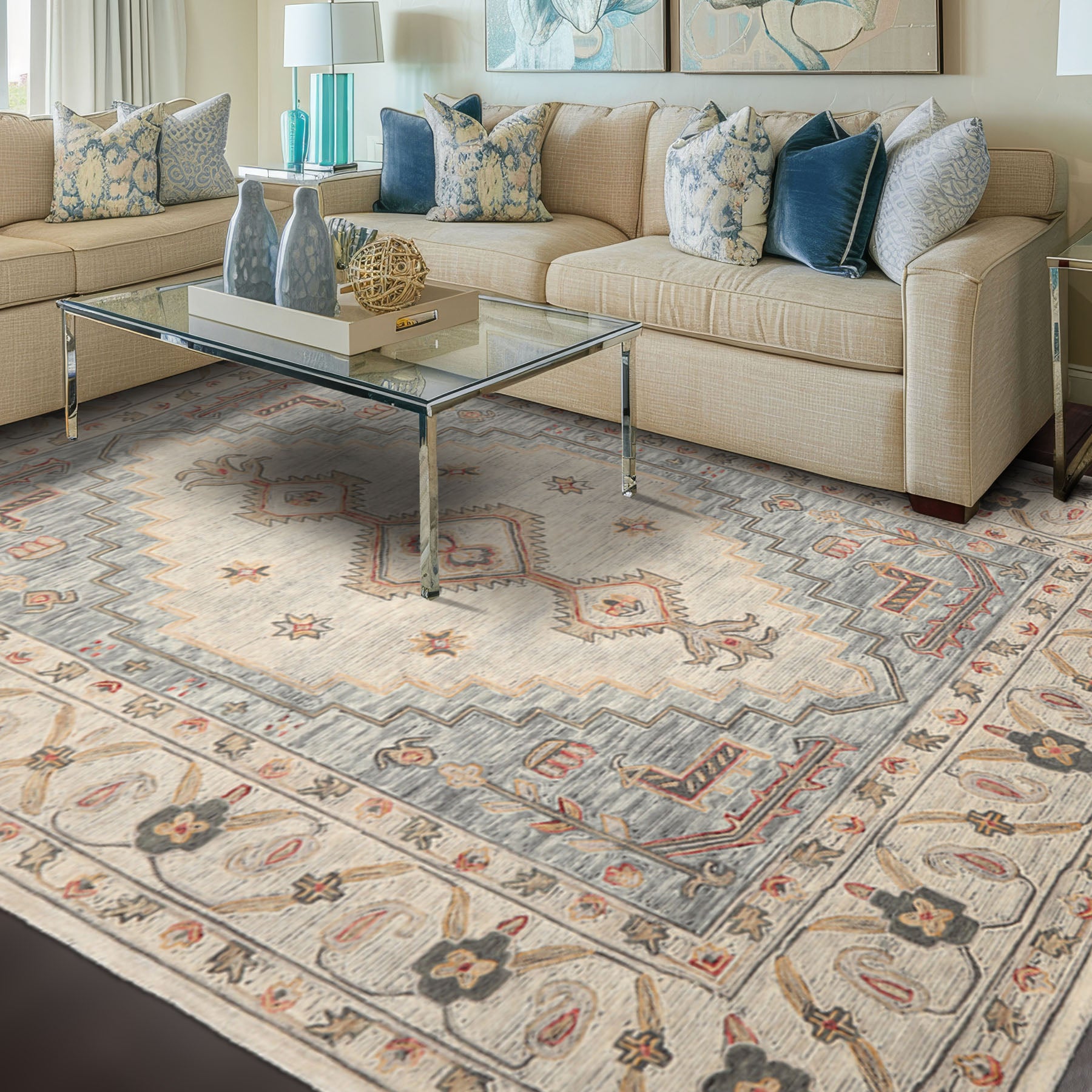 2x3 Ivory Celadon Rust Color Hand Tufted Oriental Wool Traditional Oriental Rug