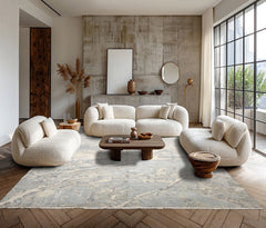 9x12 Ivory, Slate, Beige Color Hand Knotted wool & Silk Modern Oriental Rug