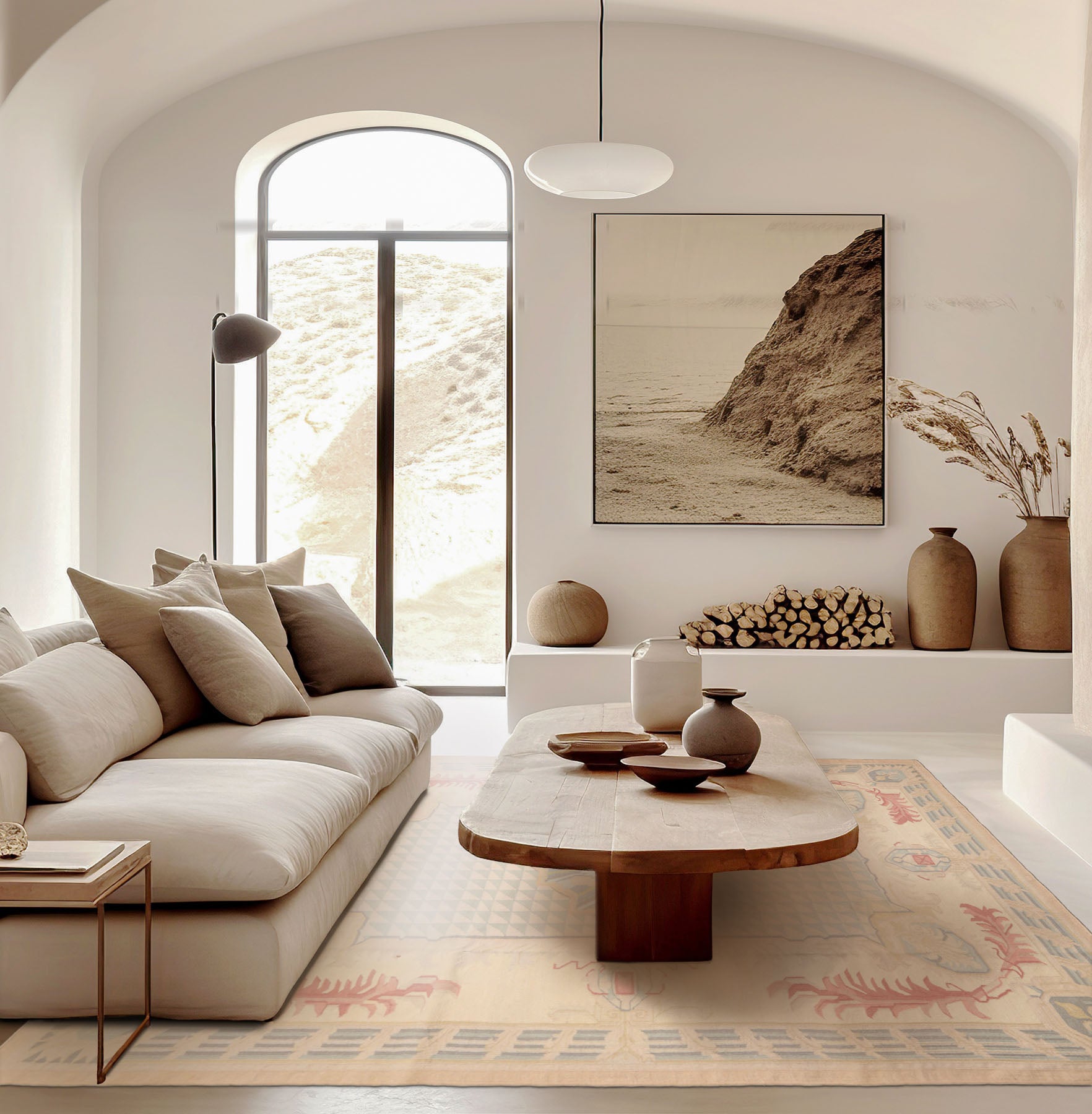 6x9 Beige, Tan, Rose Color Hand Woven Wool Traditional Oriental Rug