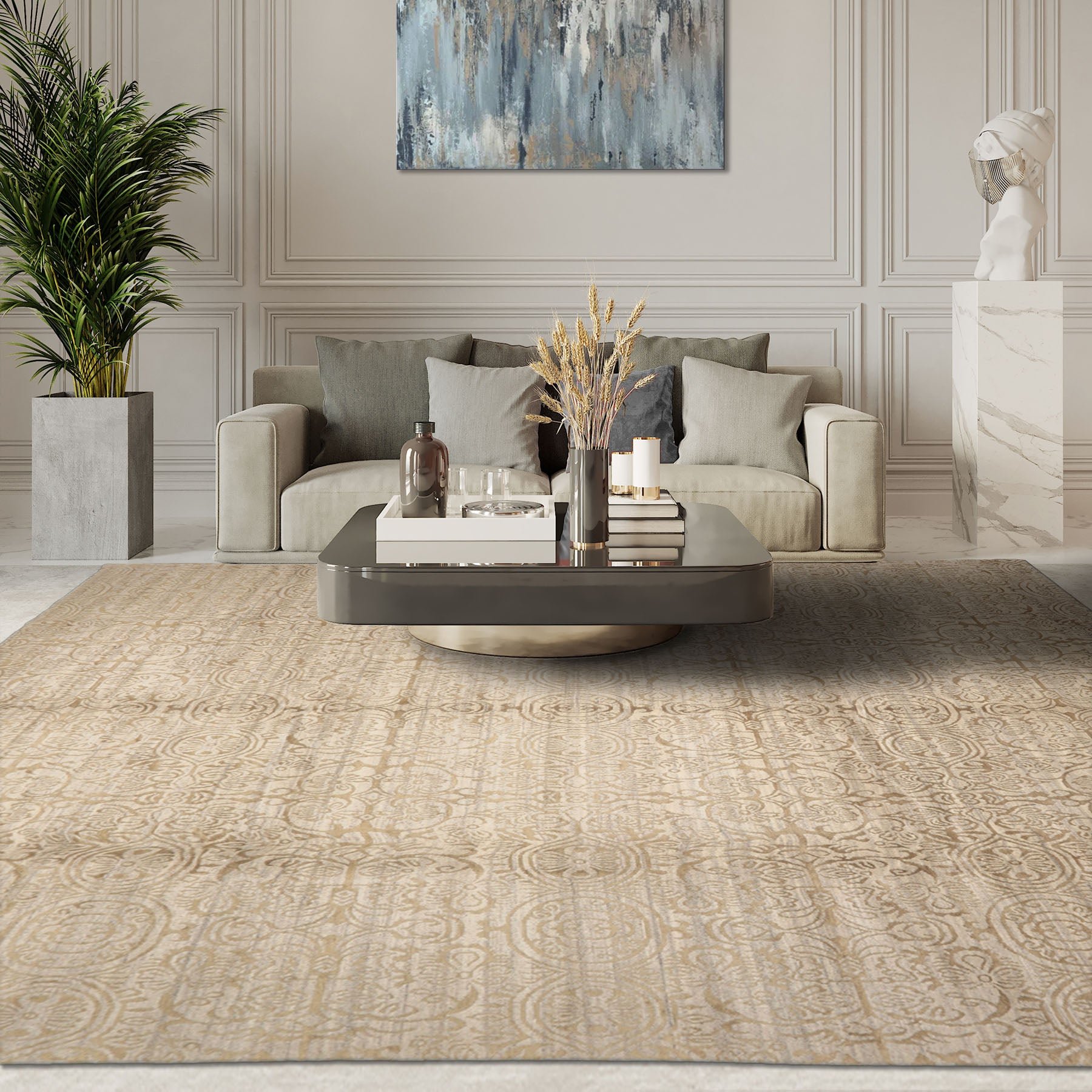 10x14 Beige, Moss, Color Hand Knotted All-Over Wool and Silk Transitional Oriental Rug