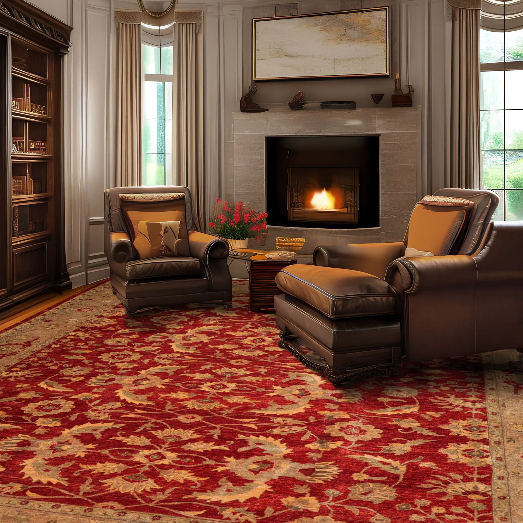 12x15 Red, Tan, Moss Color Hand Knotted All-Over Wool Traditional Oriental Rug
