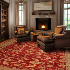 12x15 Red, Tan, Moss Color Hand Knotted All-Over Wool Traditional Oriental Rug
