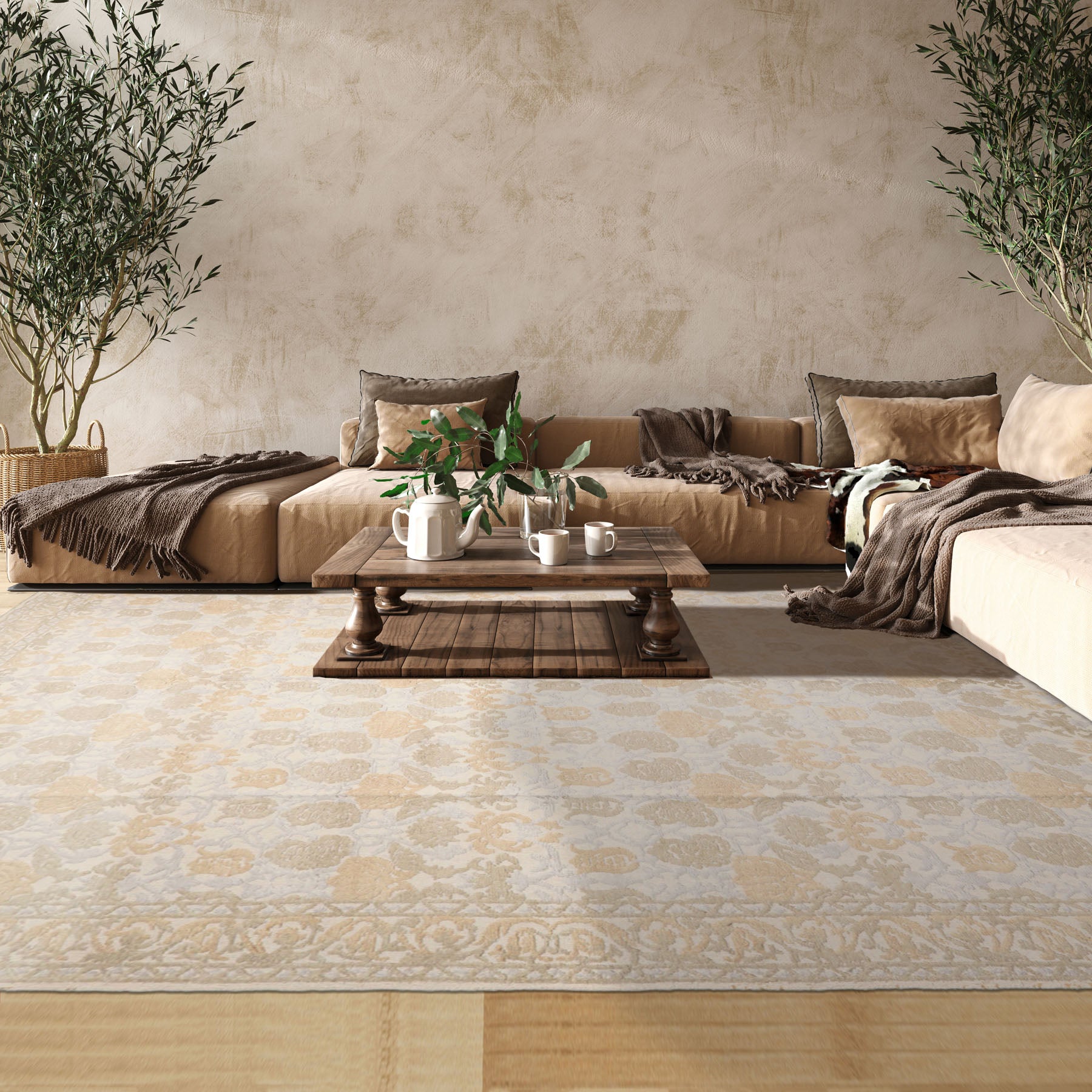 10x14 Ivory, Sage, Gray Color Hand Knotted Turkish Wool and Silk Transitional Oriental Rug