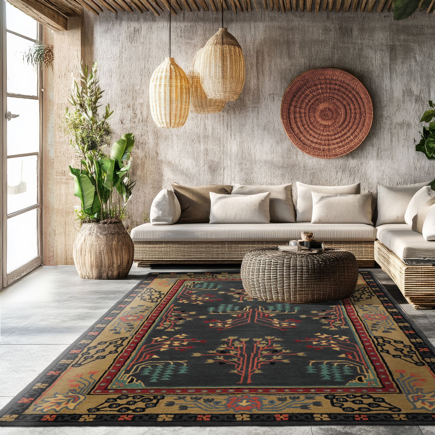 5x8 Graphite Pistachio Coral Color Hand Tufted Donegal Wool Arts & Crafts/Mission Oriental Rug