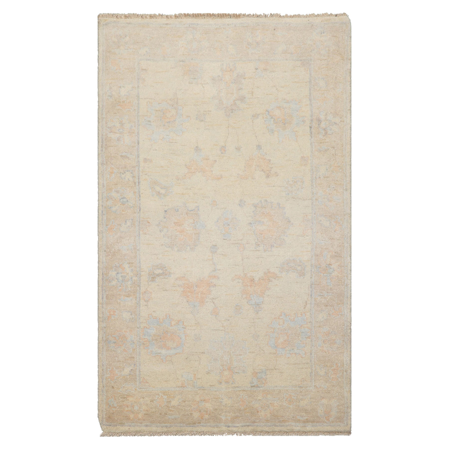 3x5 Ivory, Tan, Blue Color Hand Knotted Afghan Oushak Wool Transitional Oriental Rug