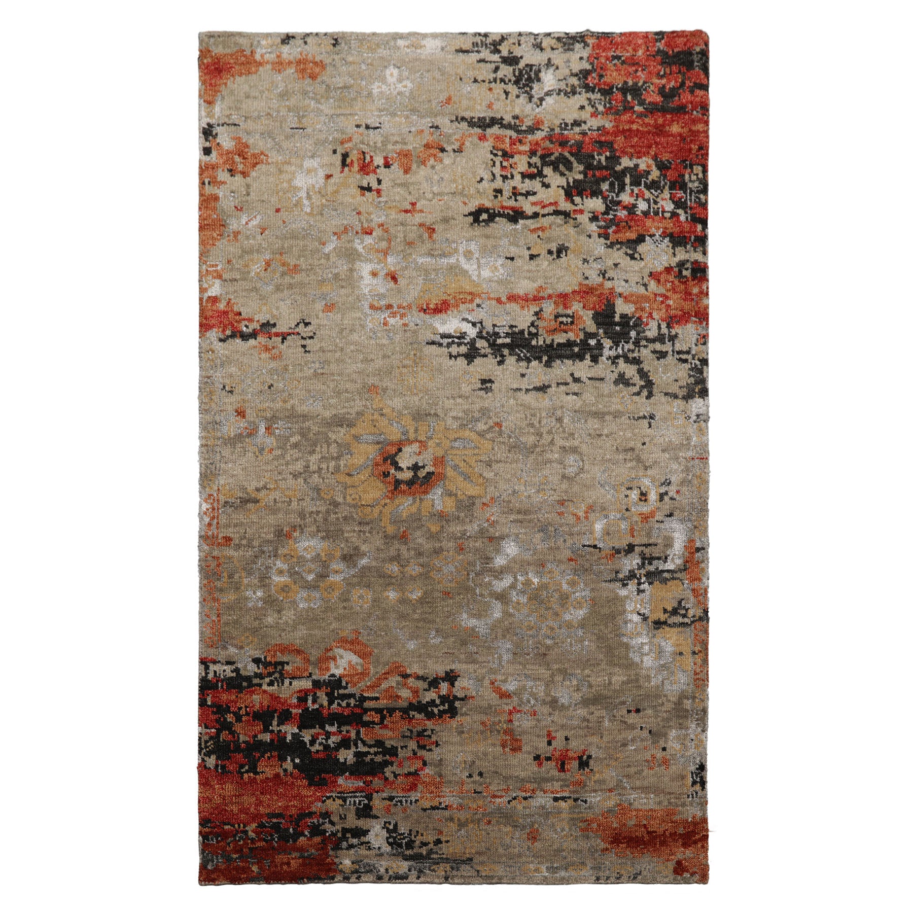 3x5 Gray, Rust, Moss Color Hand Knotted Tibetan Wool and Silk Modern Oriental Rug