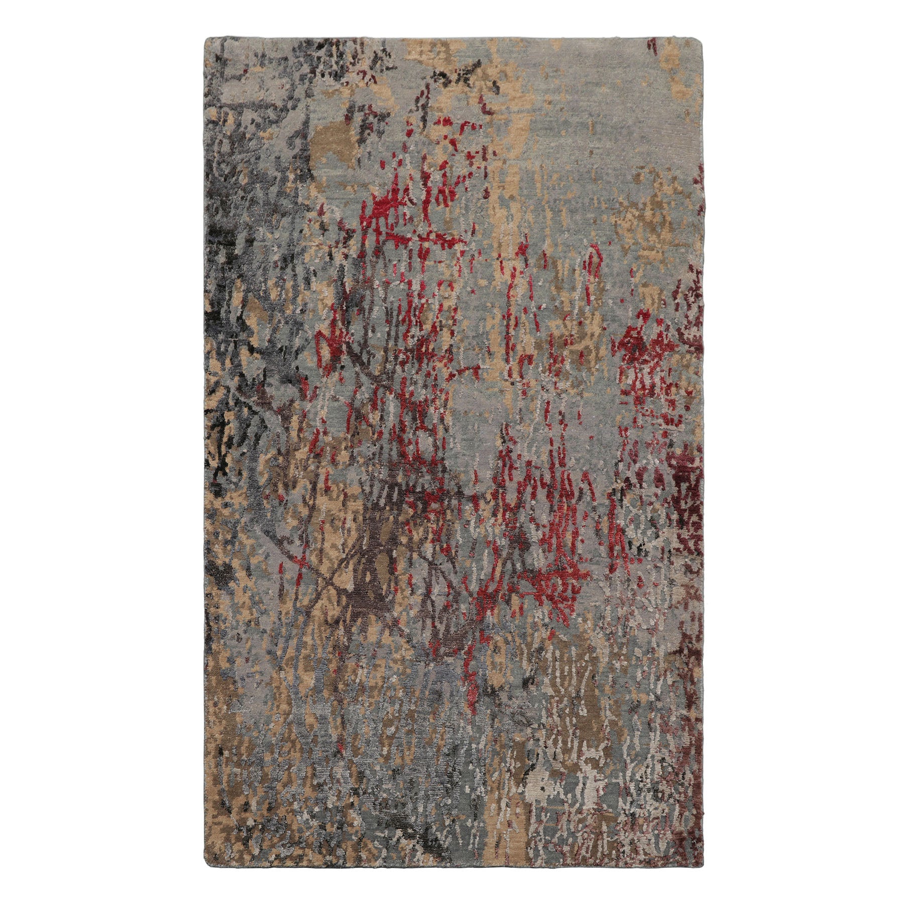 3x5 Gray, Blue, Coral Color Hand Knotted Tibetan Wool and Silk Modern & Contemporary Oriental Rug