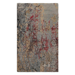 3x5 Gray, Blue, Coral Color Hand Knotted Tibetan Wool and Silk Modern & Contemporary Oriental Rug