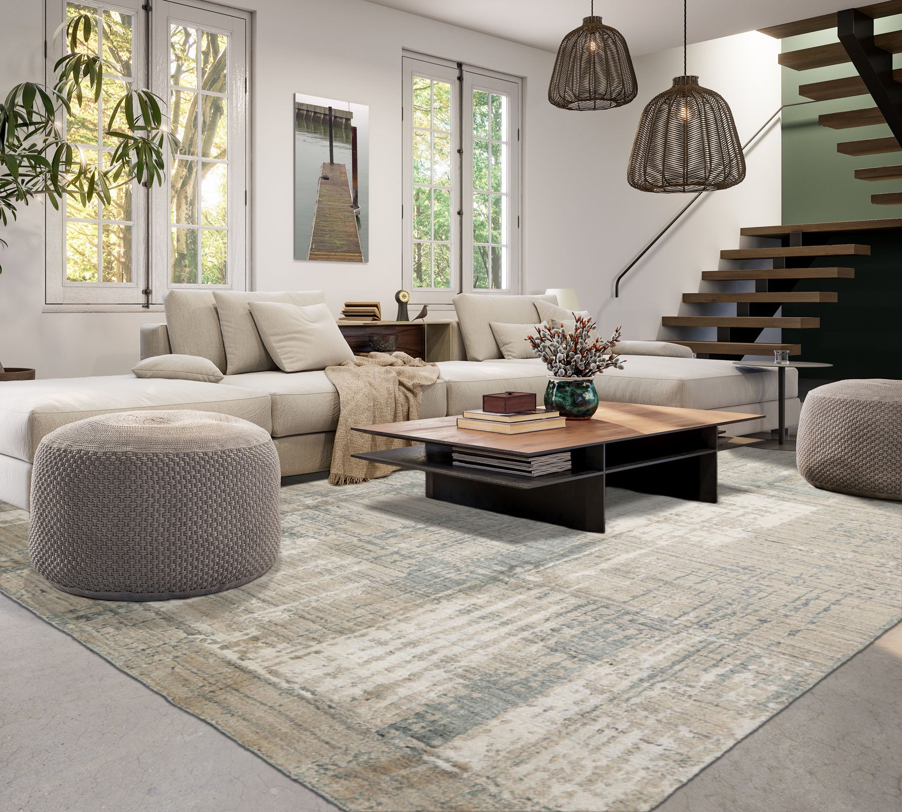 8x10 Beige, Slate, Ivory Color Hand Loomed Sherpa Wool and Silk Modern Oriental Rug