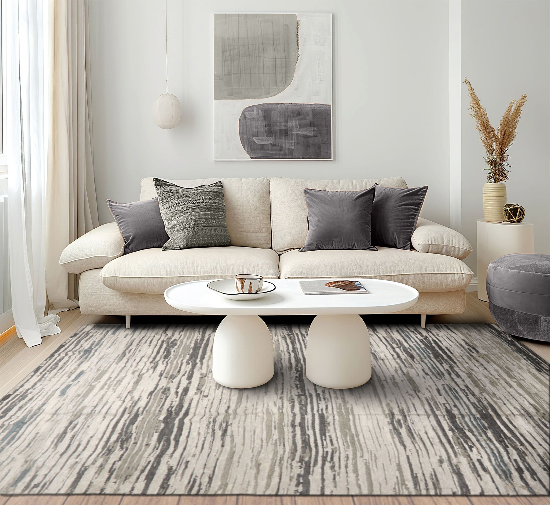 9x12 Ivory, Gray, Graphite Color Hand Knotted Sherpa Wool and Silk Modern Oriental Rug