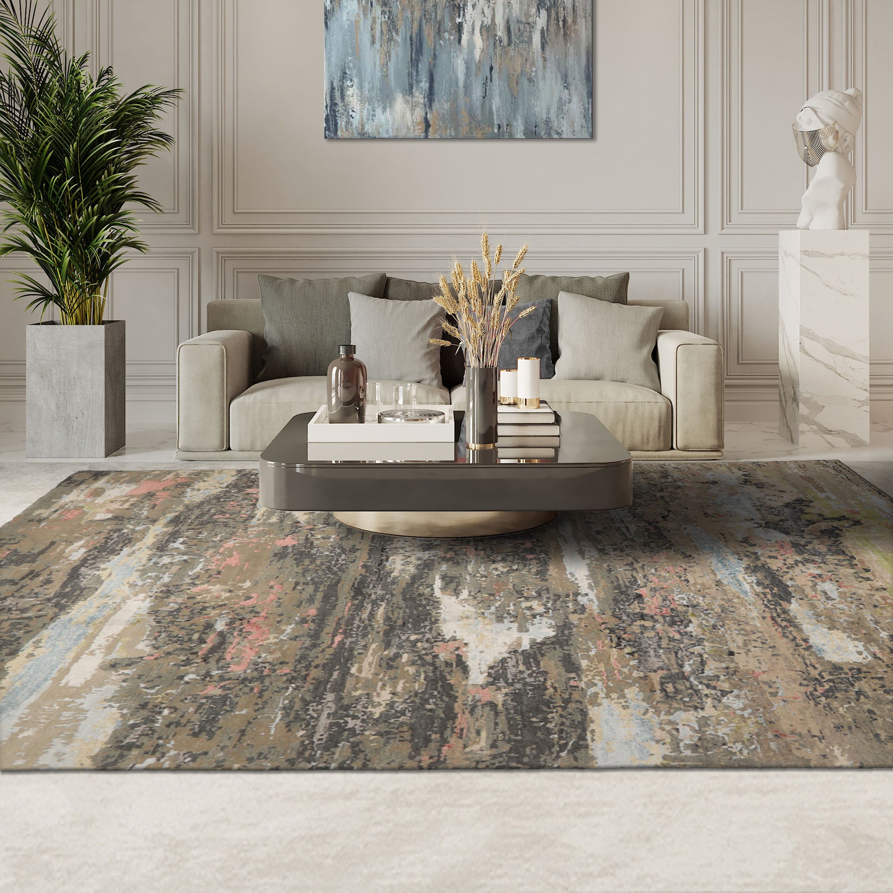 9x12 Beige, Tan, Gray Color Hand Knotted Sherpa Wool and Silk Modern Oriental Rug