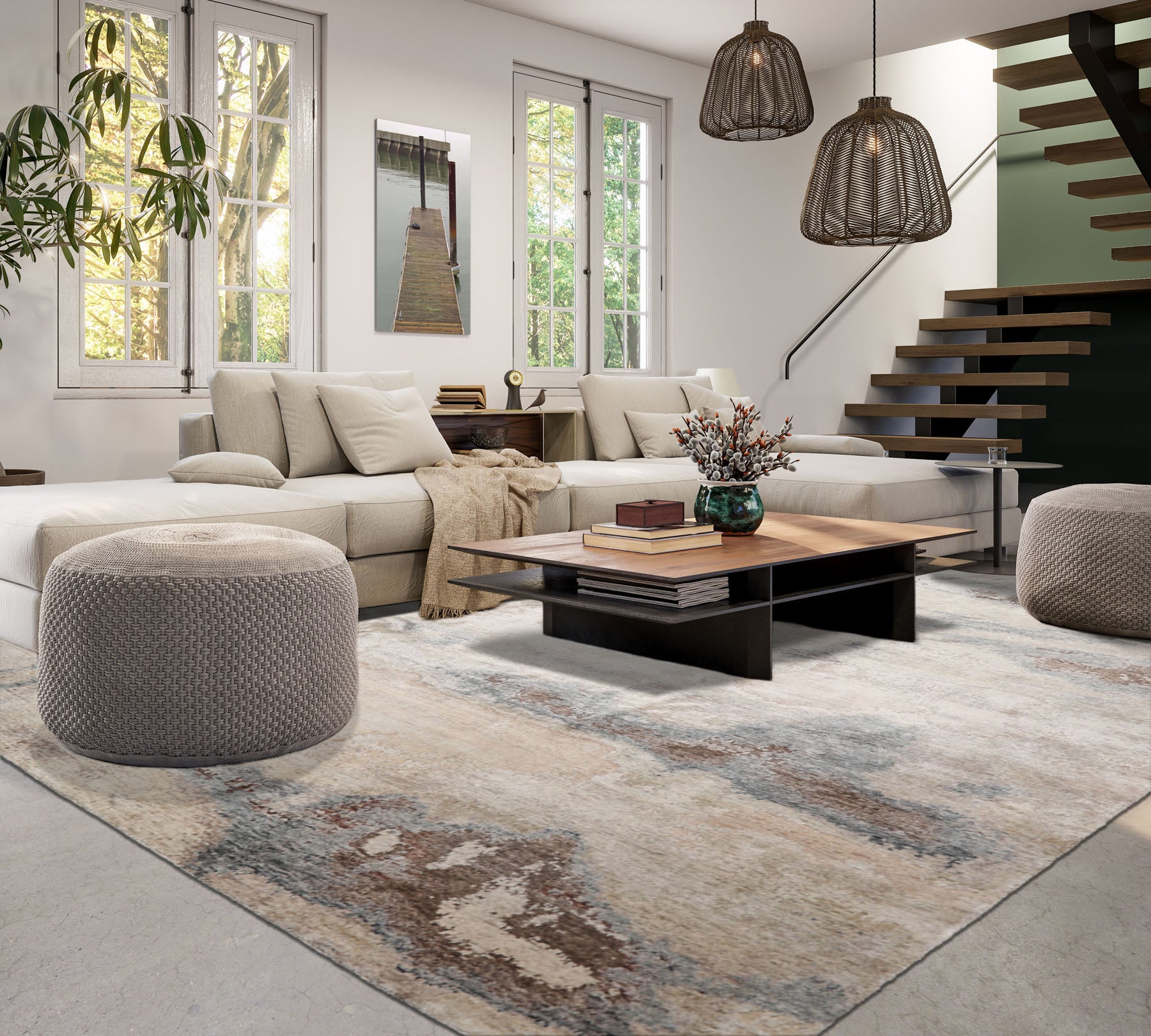 9x12 Beige, Ivory, Gray Color Hand Knotted Sherpa Wool and Silk Modern Oriental Rug