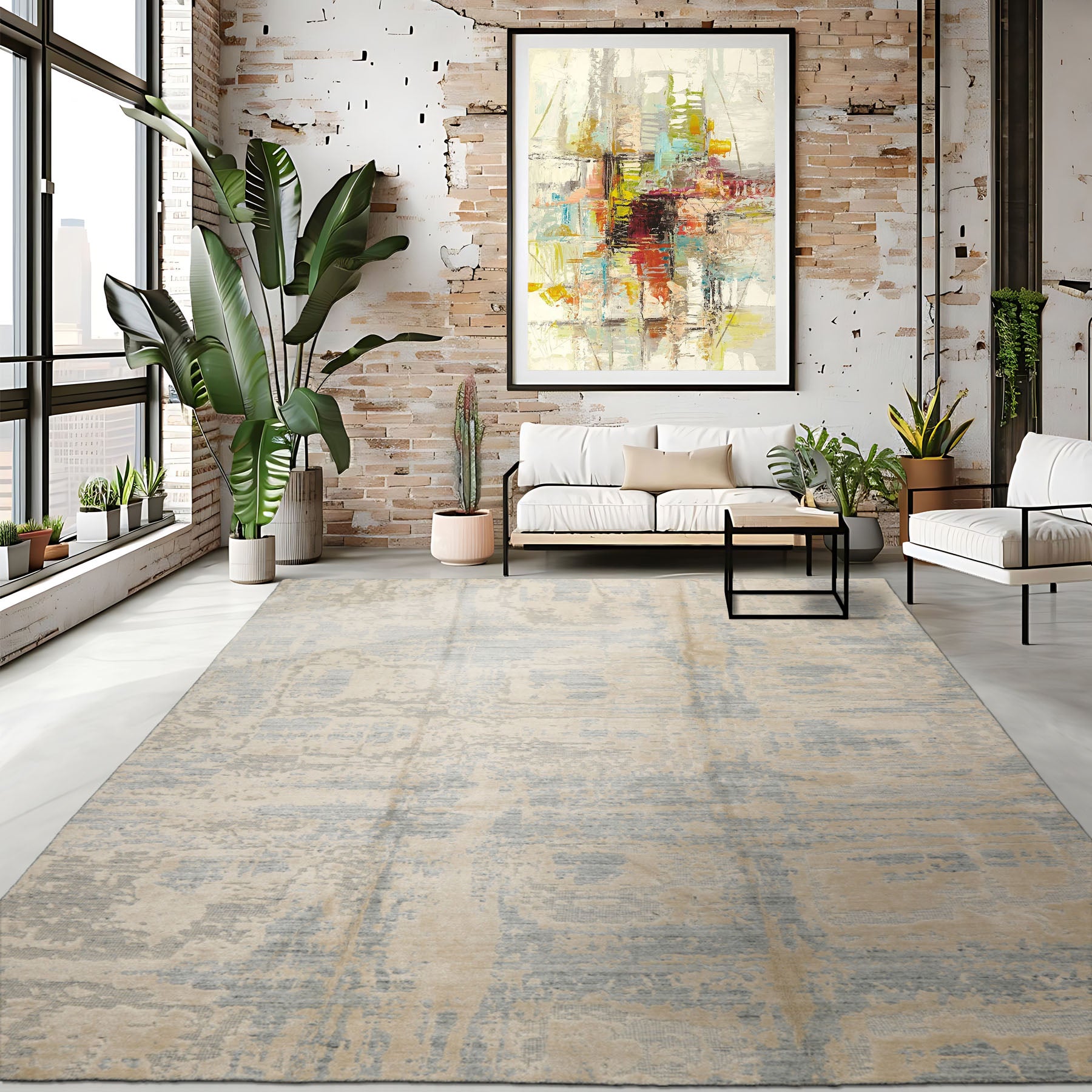 8x10 Ivory, Beige, Slate Color Hand Loomed Sherpa Wool and Silk Modern Oriental Rug