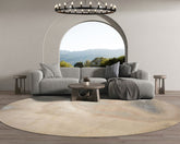 Round Beige, Taupe, Ivory Color Hand Knotted Sherpa Wool and Silk Modern Oriental Rug