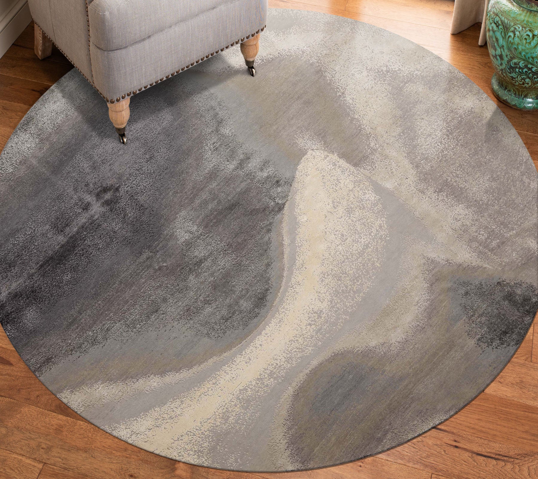 Round Gray, Ivory, Graphite Color Hand Knotted Sherpa Wool and Silk Modern Oriental Rug