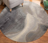 Round Gray, Ivory, Graphite Color Hand Knotted Sherpa Wool and Silk Modern Oriental Rug