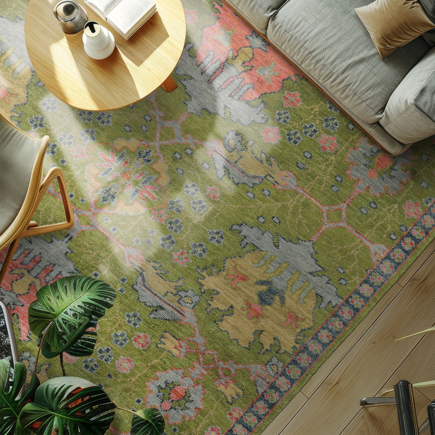 Multi Size Green Pink Navy Color Hand Knotted Turkish Oushak 100% Wool Traditional Oriental Rug