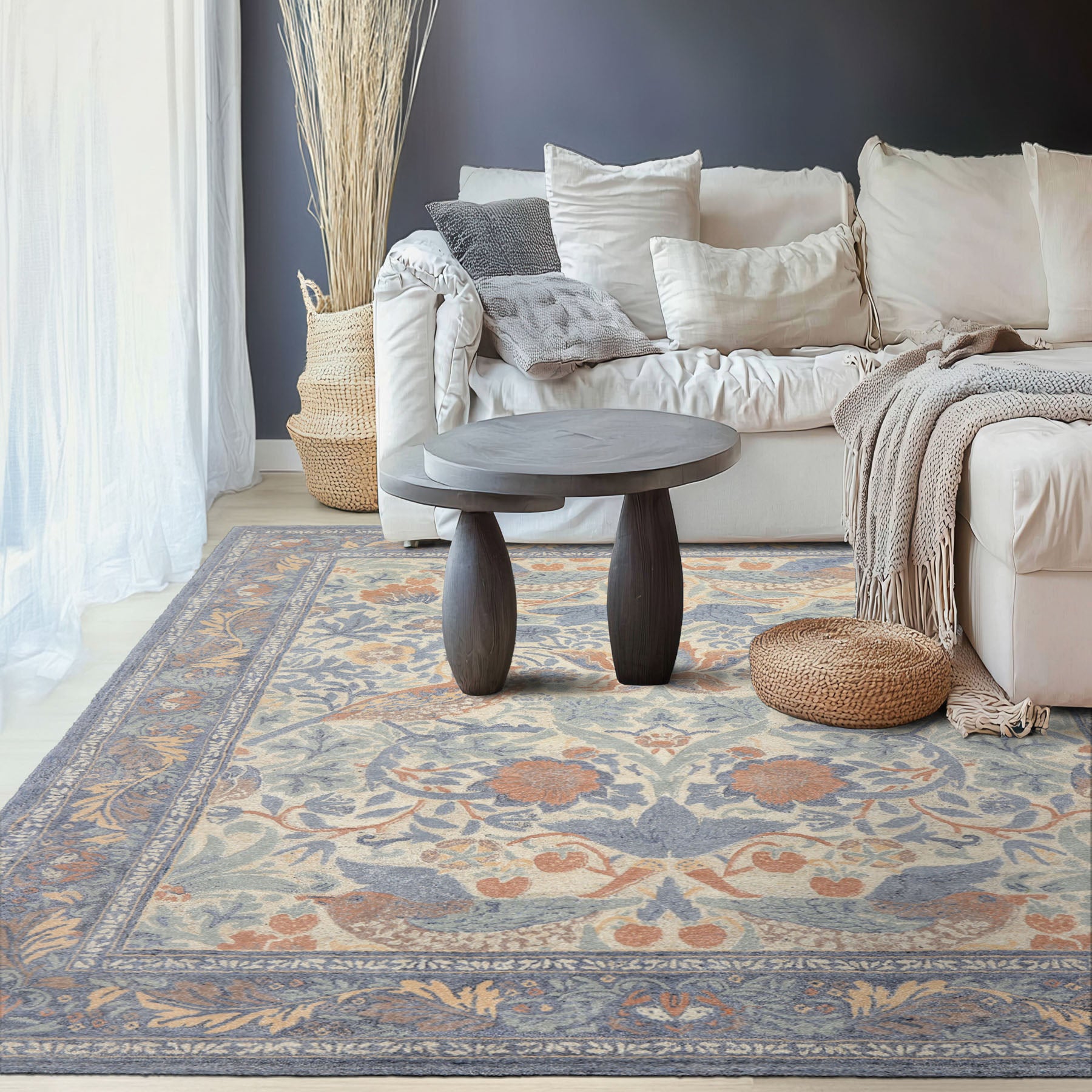 Multi Size Ivory Blue Aqua Color Hand Hooked William Morris Wool Traditional Oriental Rug