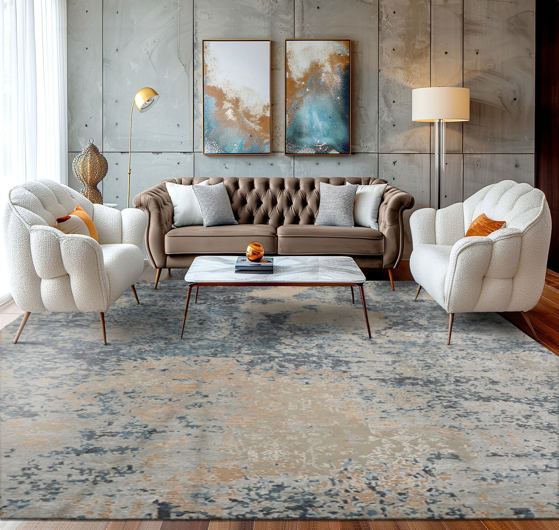 9x12 Gray, Blue, Beige Color Hand Knotted Sherpa Wool and Silk Modern Oriental Rug