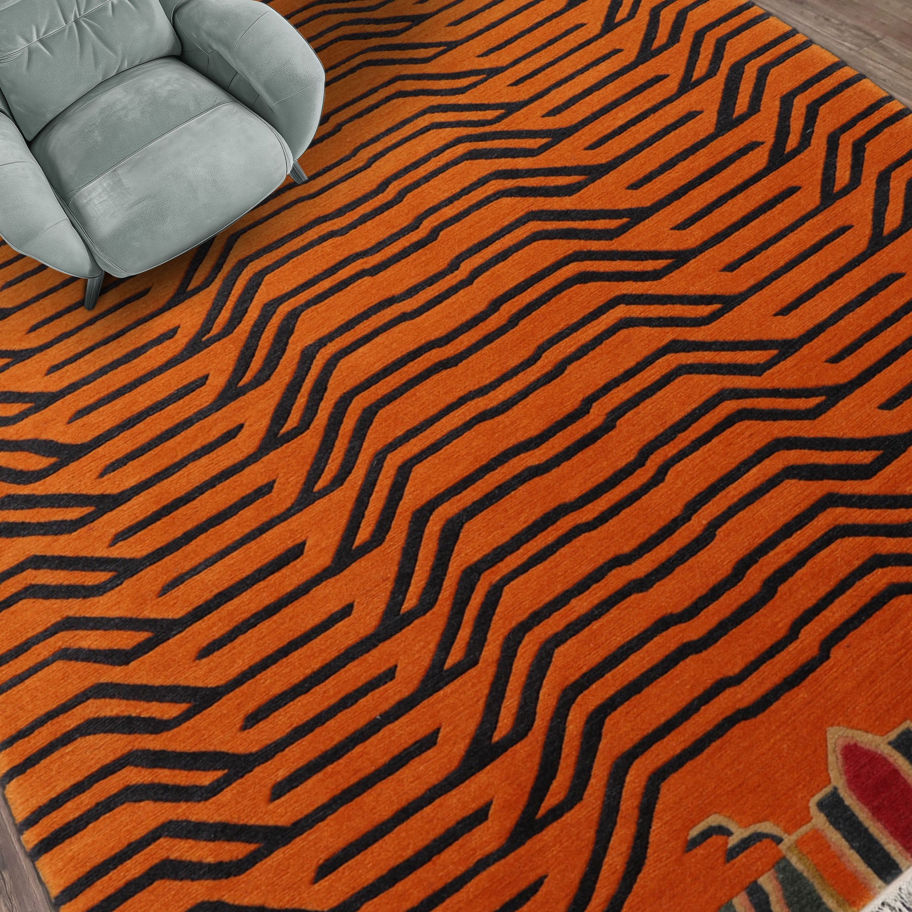 3x5 Orange, Charcoal, Multi Color Hand Knotted Animal Print Wool Art Deco Oriental Rug