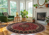 Fuschia 6'7''x6'7'' Round Tabriz Traditional Hand Knotted Wool & Silk Oriental Area Rug