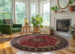 Fuschia 6'7''x6'7'' Round Tabriz Traditional Hand Knotted Wool & Silk Oriental Area Rug
